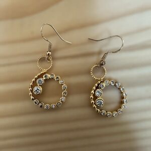 VTG Hook Earrings 1.75 Inch Dangle Swirl Rhinestones Gold‎ 925 Sterling 6.8g